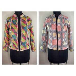 Mieko Mintz Vintage Cotton Mandrin Collar Reversible Jacket Art to Wear S M RARE